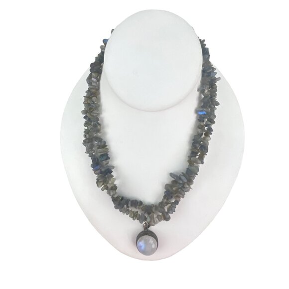 Handcrafted Labradorite Chip Necklace With Moonstone Pendant - Picture 1 of 12